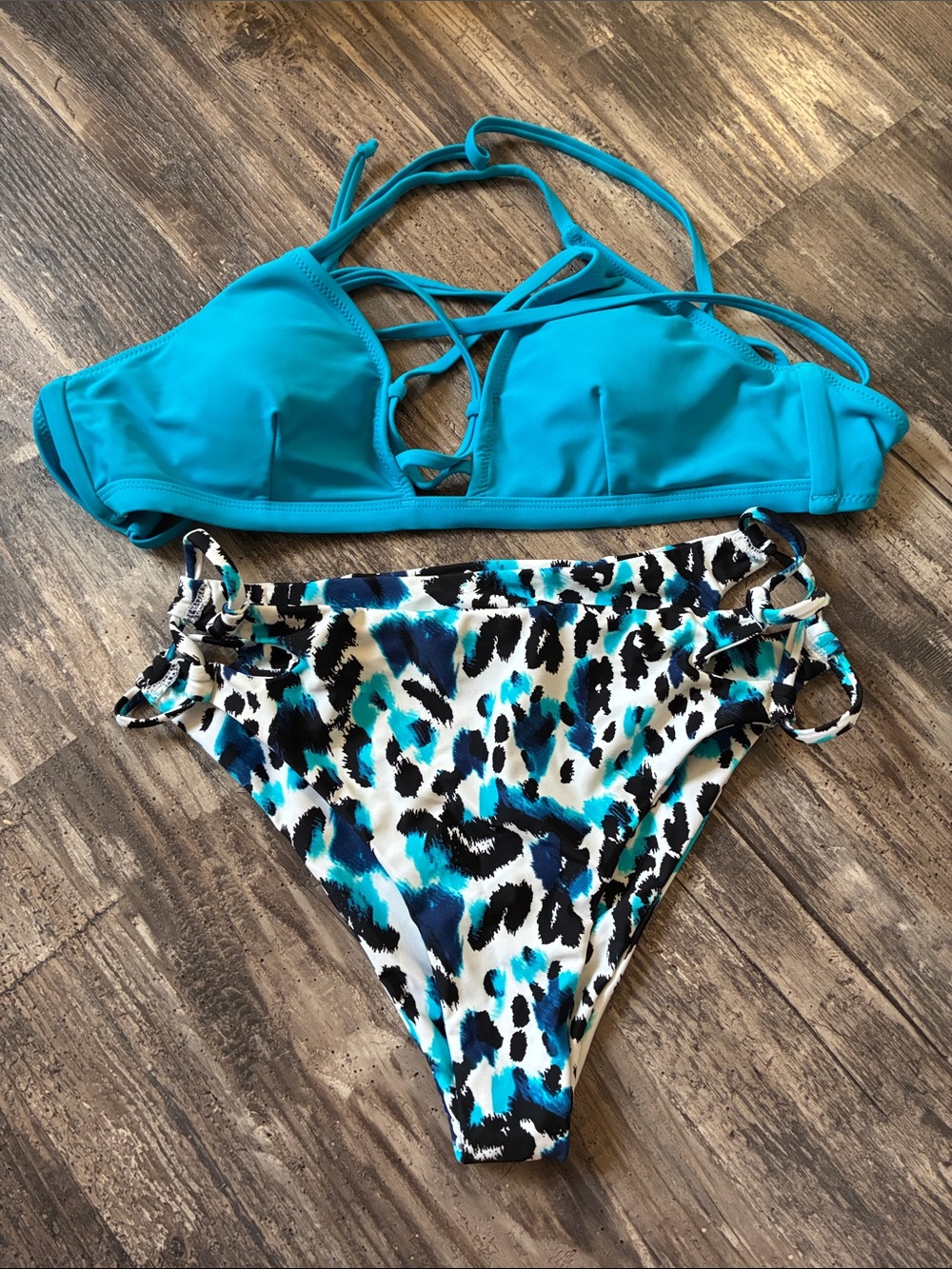 Zaful Teal Strappy Bikini Top with Blue & Black Animal Print Bottoms